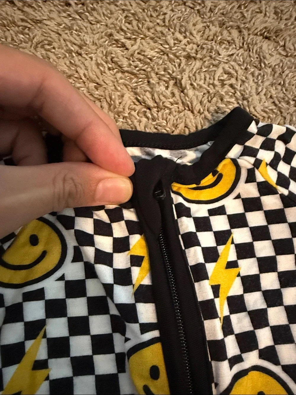 Checkerboard Smiley Zip One-Piece Romper - Black, White & Yellow